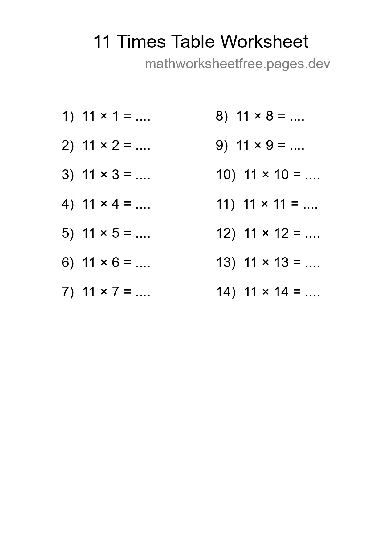 11 Times Table Worksheet For Grade 4 - Part 169