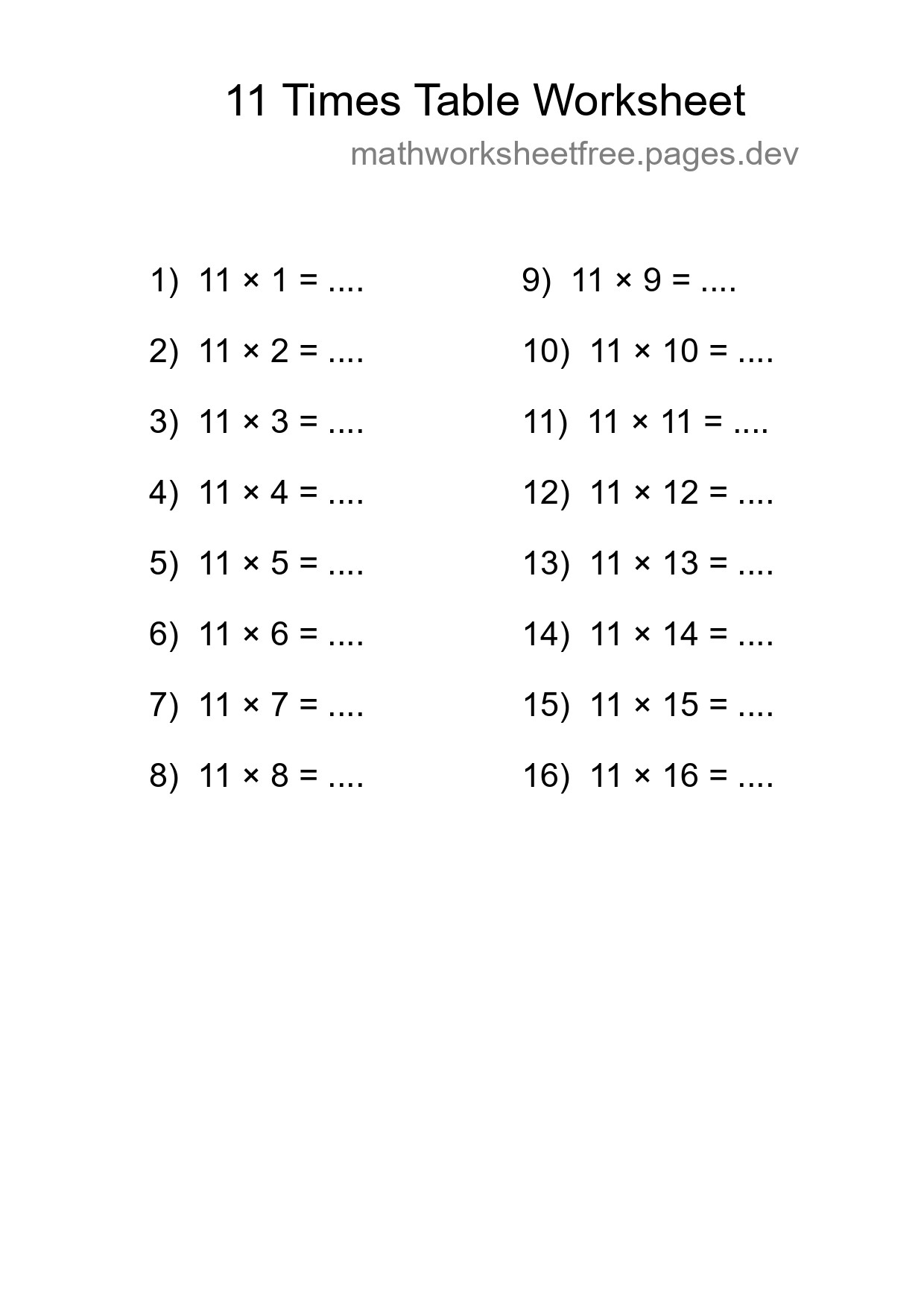 11 Times Table Worksheet For Grade 4 With Answers - Part 159