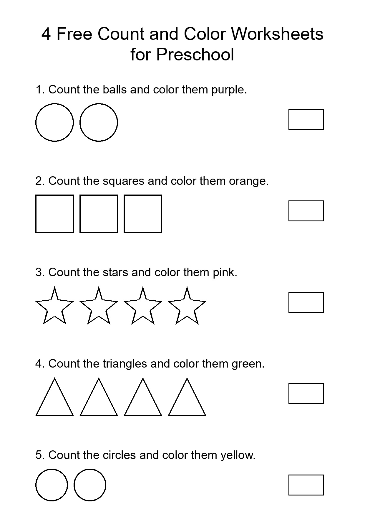 4 Free Count and Color Worksheets for Preschool