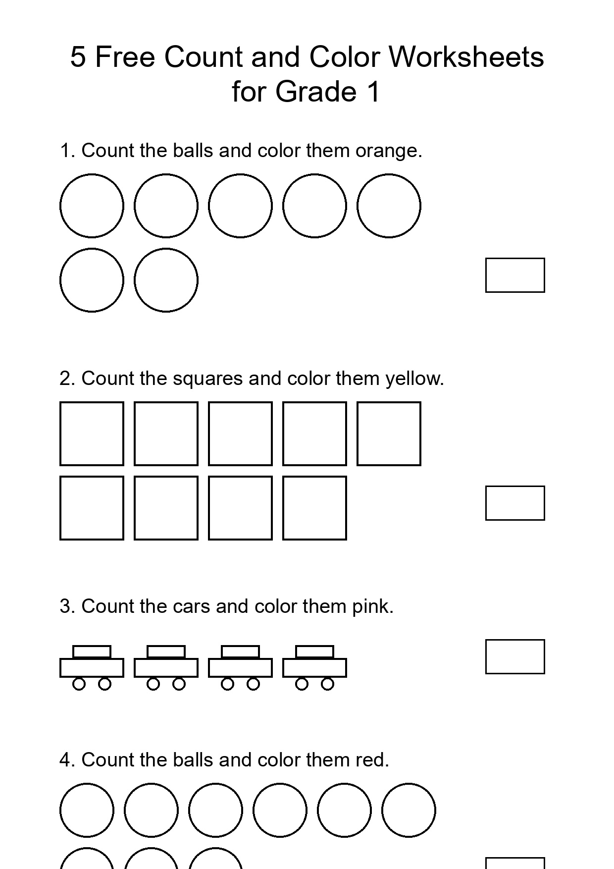 5 Free Count and Color Worksheets for Grade 1