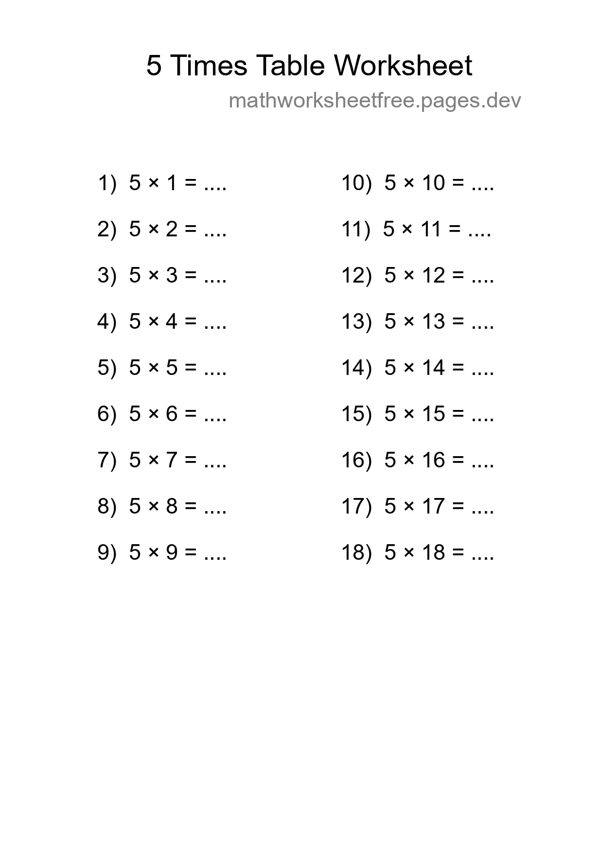 5 Times Table Worksheet For Grade 2 - Part 299