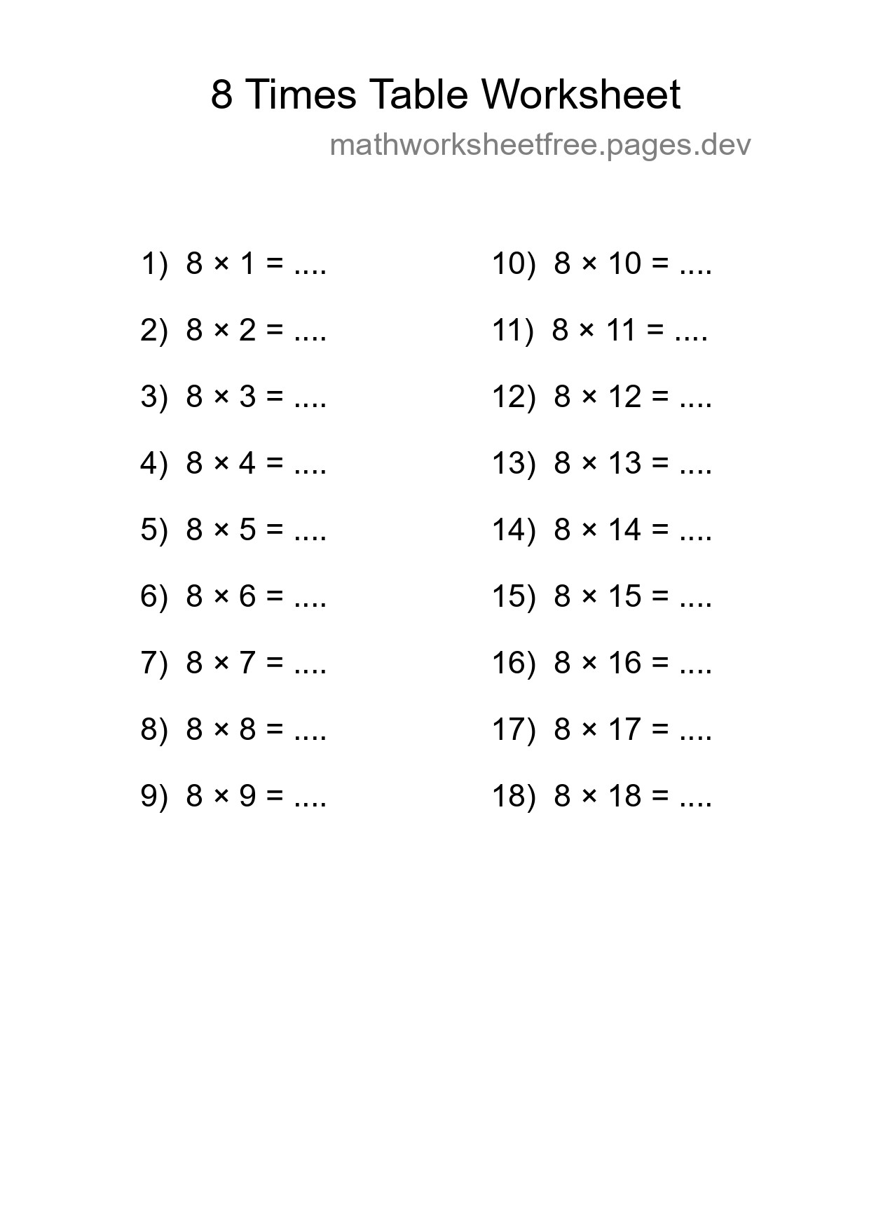 8 Times Table Worksheet For Grade 3 - Part 9