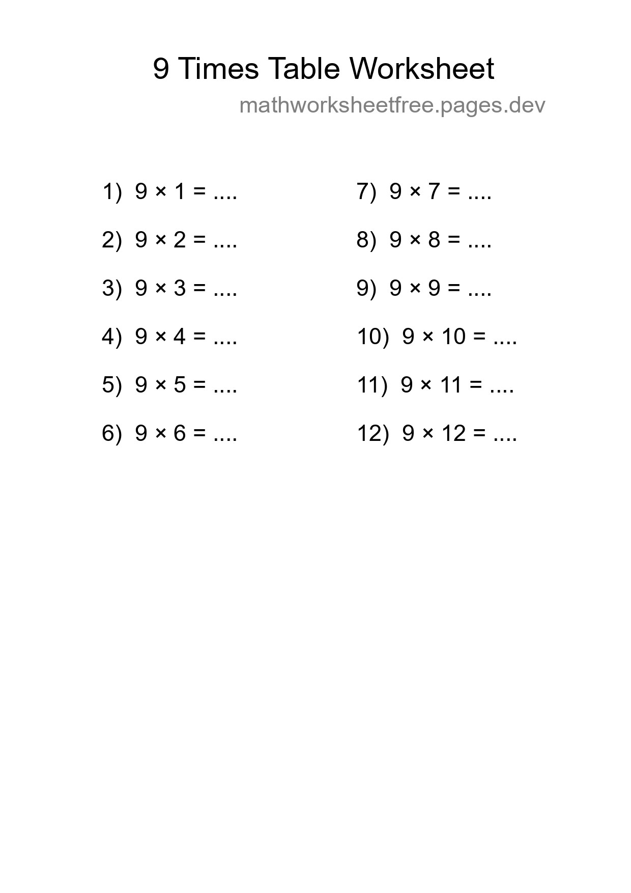 9 Times Table Worksheet For Grade 3 - Part 249