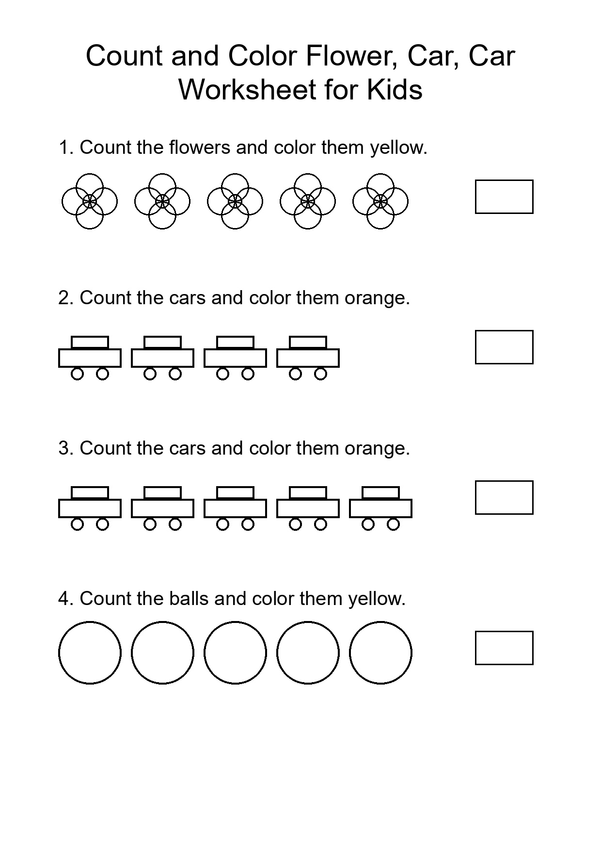 Count and Color Flower, Car, Car Worksheet for Kids