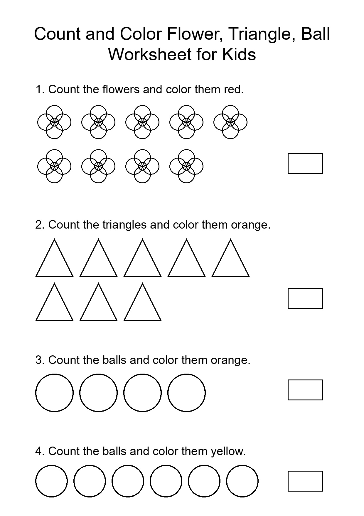Count and Color Flower, Triangle, Ball Worksheet for Kids
