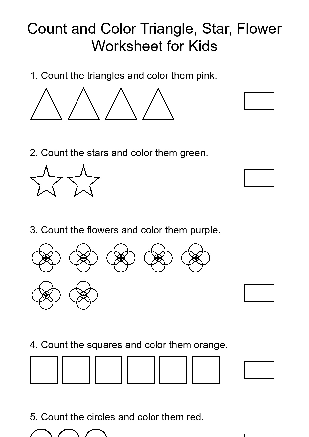 Count and Color Triangle, Star, Flower Worksheet for Kids