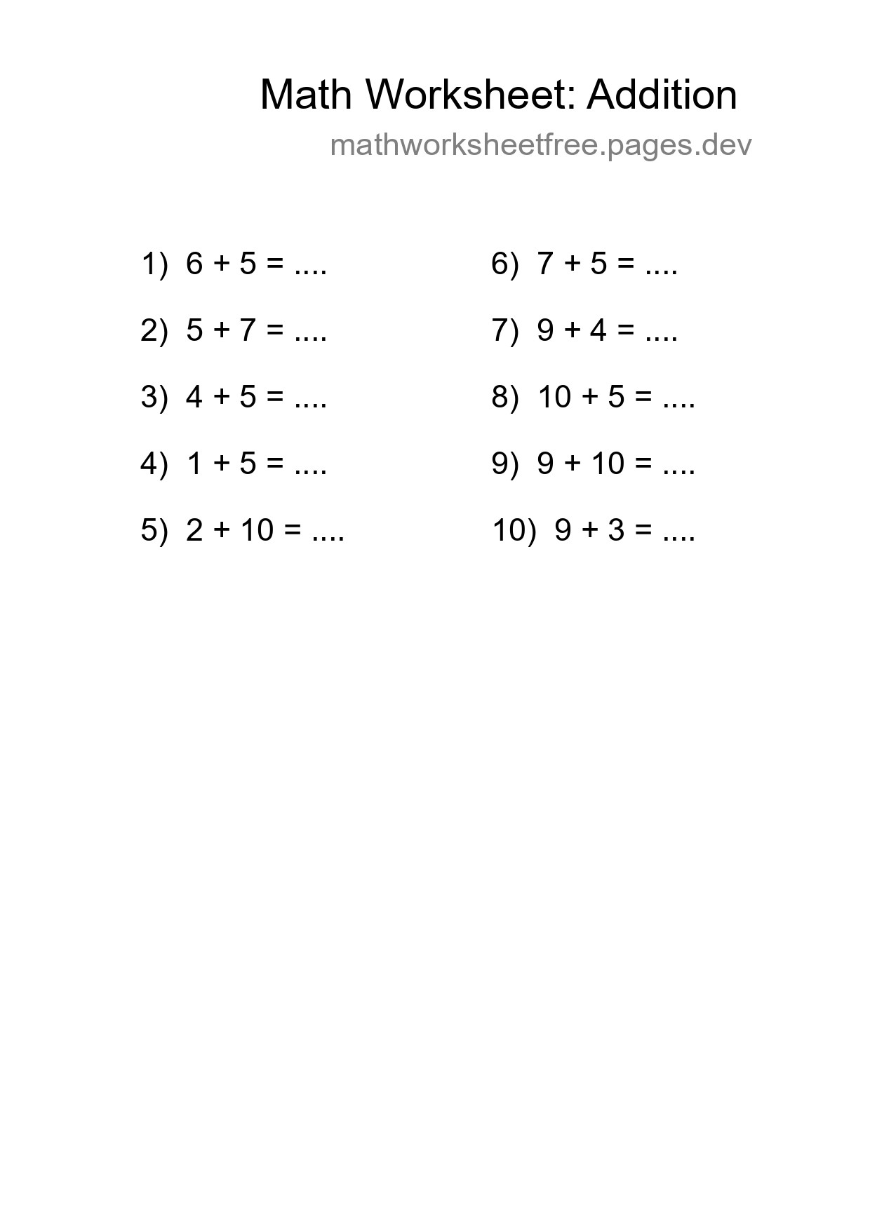 Free 10 Addition Math Worksheet For Grade 1 - Part 291