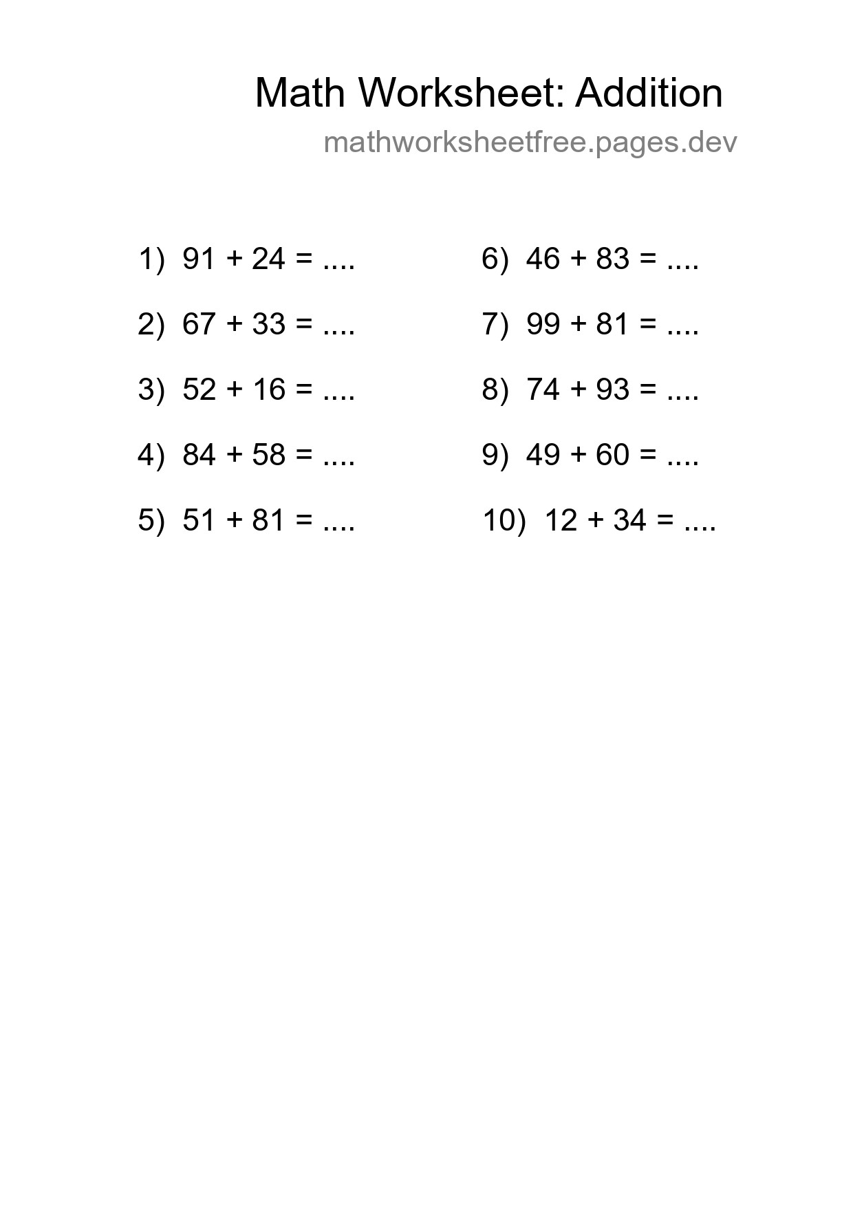Free 10 Addition Math Worksheet For Grade 3 With Answers - Part 171