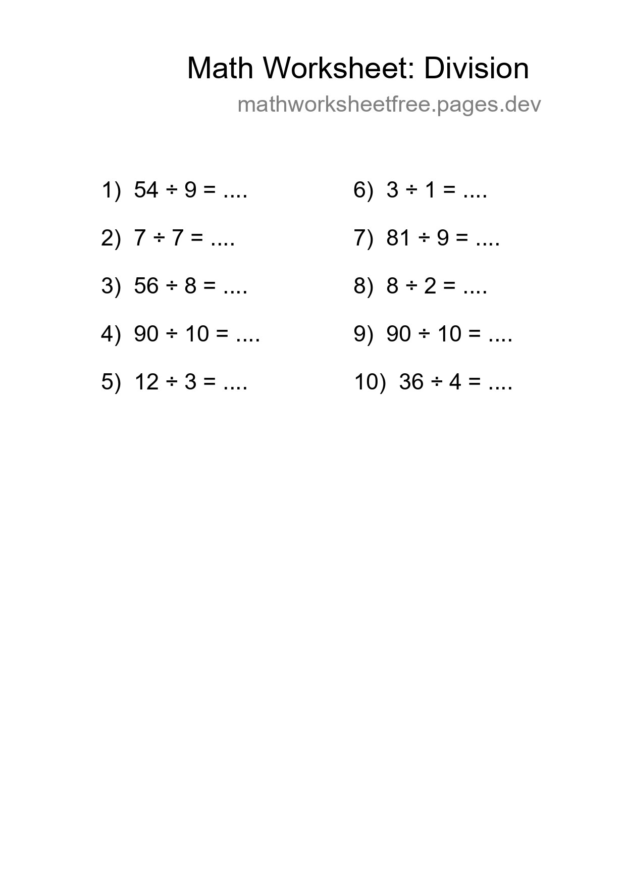 Free 10 Division Math Worksheet For Grade 1 With Answers - Part 144