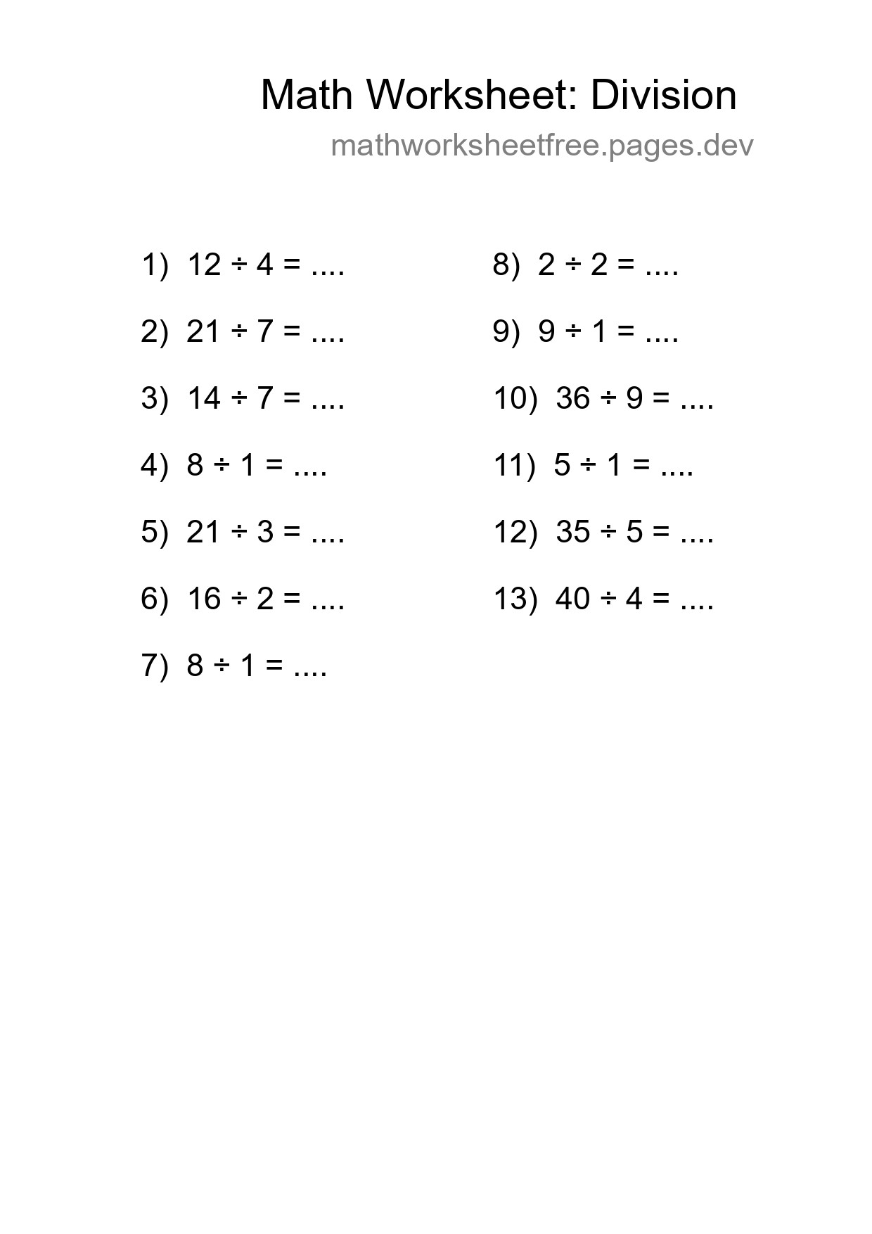 Free 13 Division Math Worksheet For Grade 1 With Answers - Part 224
