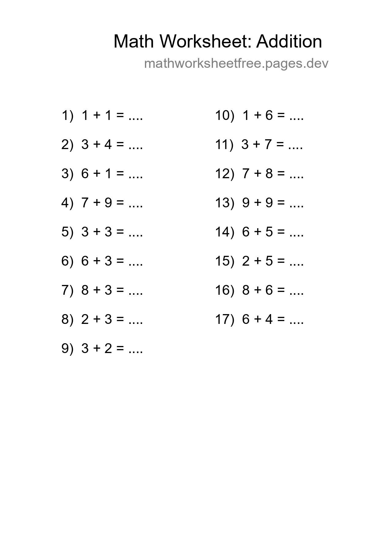 Free 17 Addition Math Worksheet For Grade 1 - Part 211