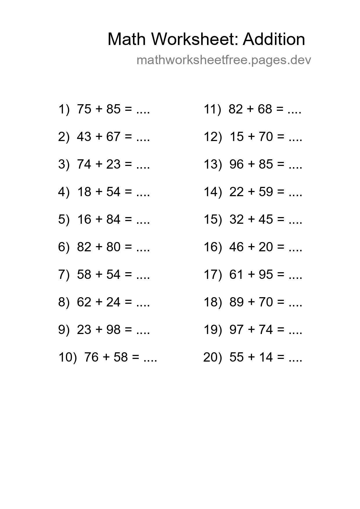 Free 20 Addition Math Worksheet For Grade 3 With Answers - Part 11