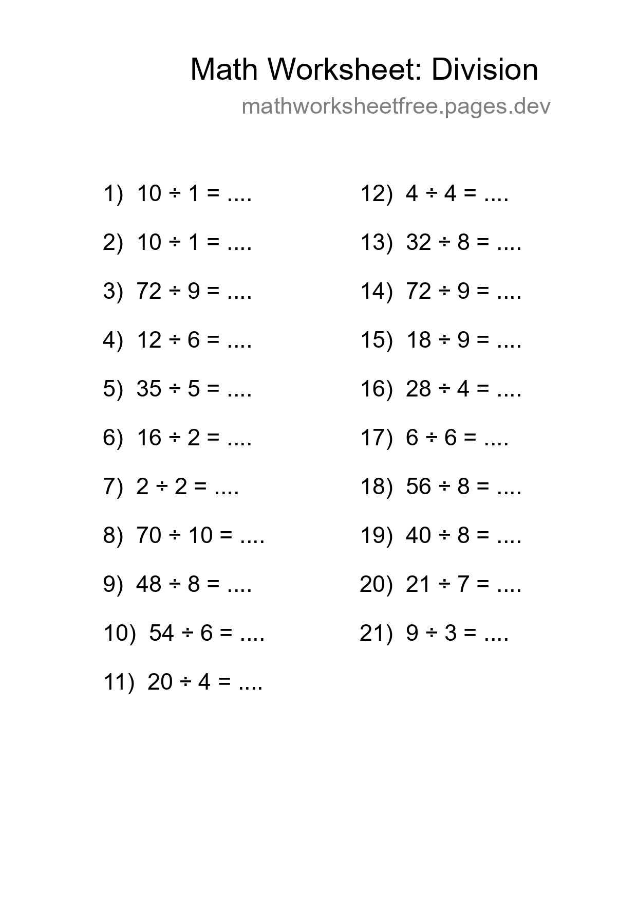 Free 21 Division Math Worksheet For Grade 1 - Part 74