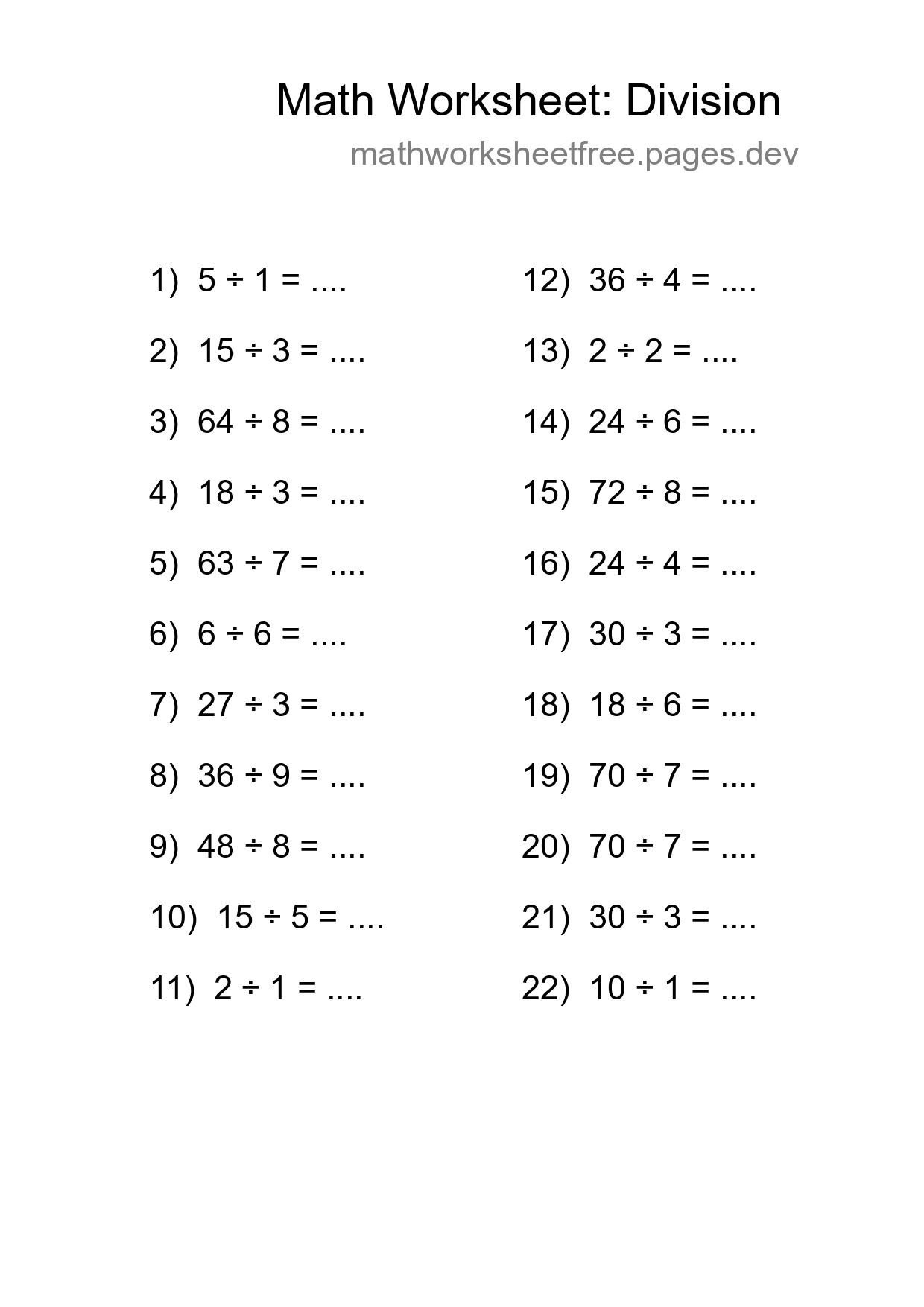 Free 22 Division Math Worksheet For Grade 1 With Answers - Part 274