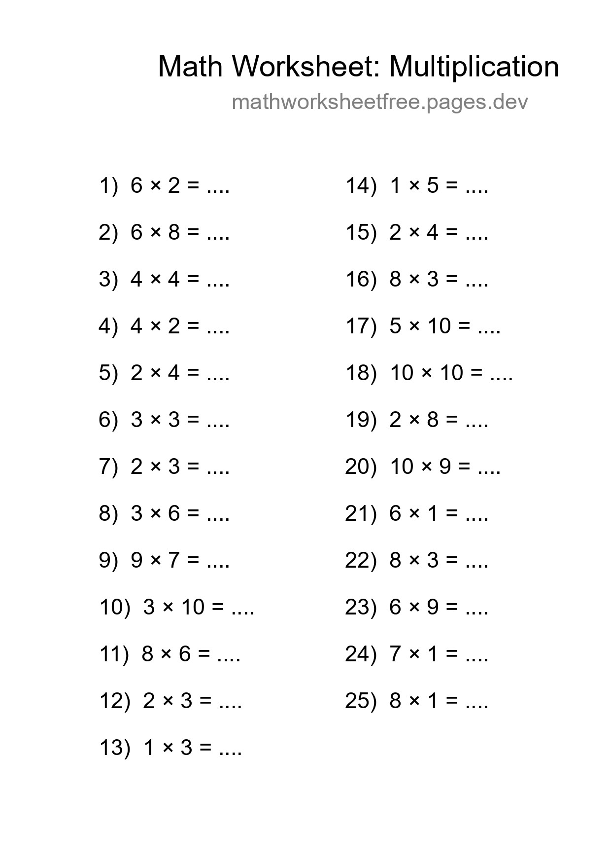 Free 25 Multiplication Math Worksheet For Grade 1 - Part 7
