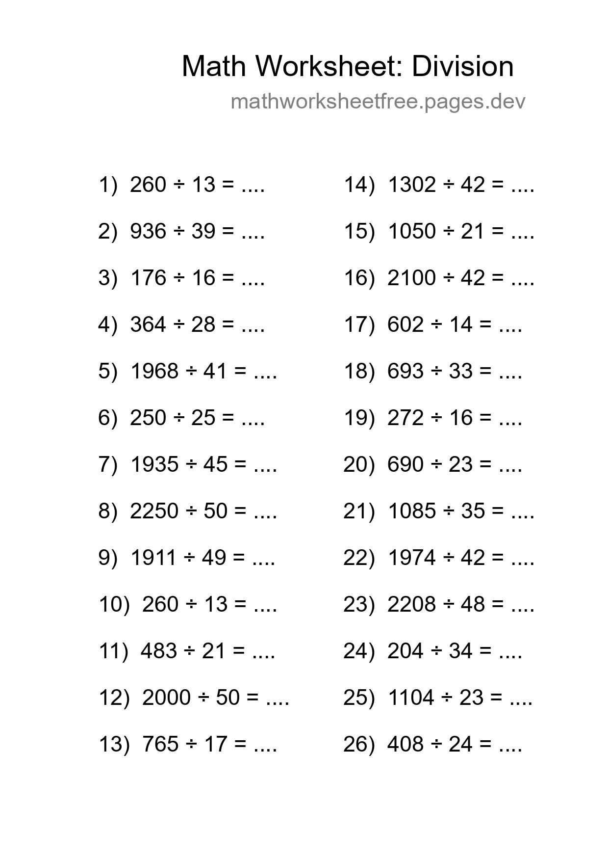 Free 26 Division Math Worksheet For Grade 2 With Answers - Part 164