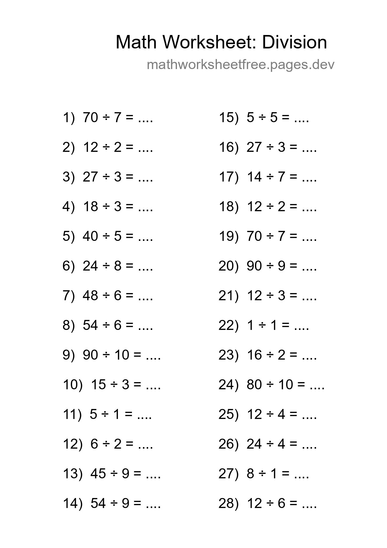 Free 28 Division Math Worksheet For Grade 1 With Answers - Part 114