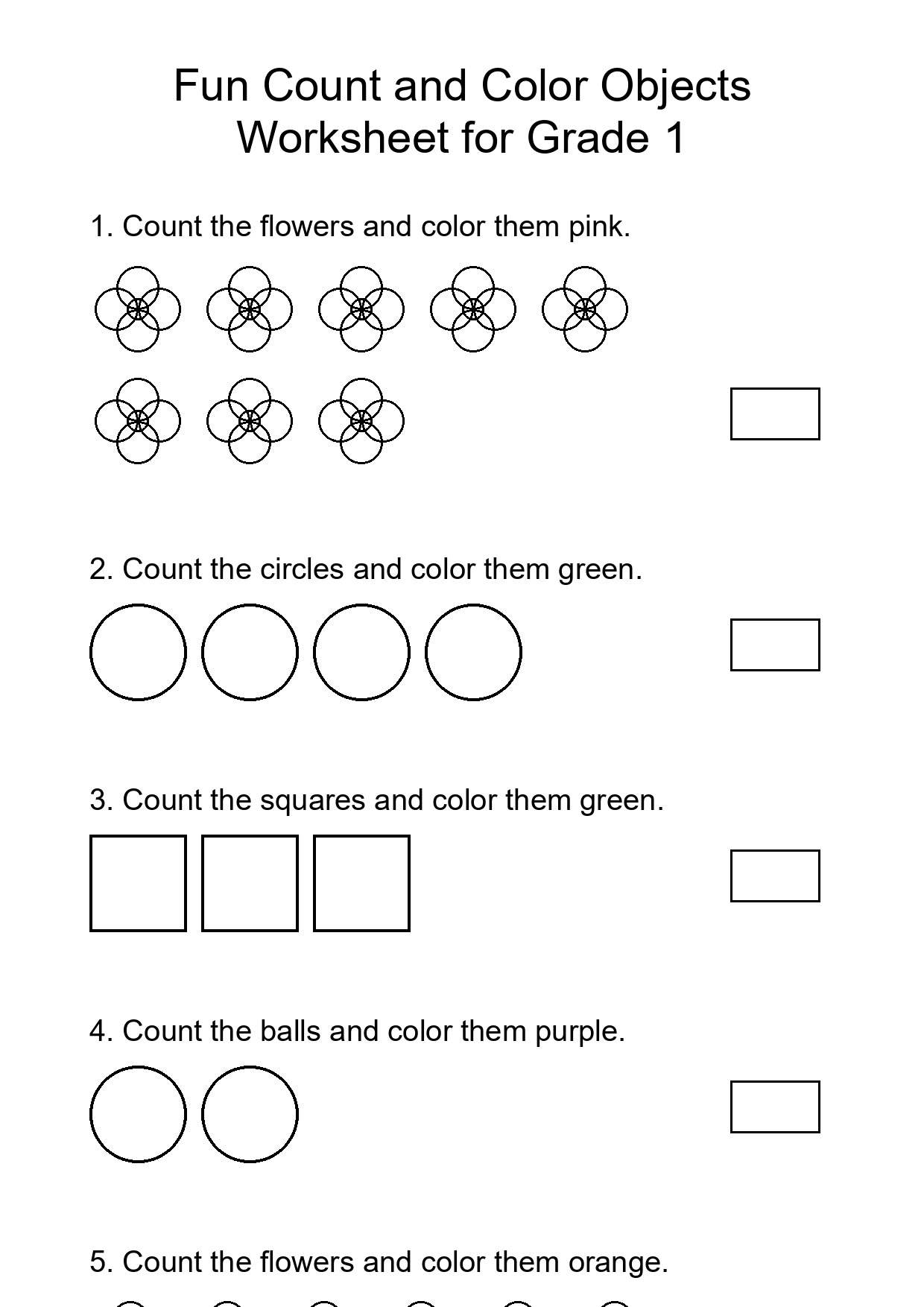 Fun Count and Color Objects Worksheet for Grade 1
