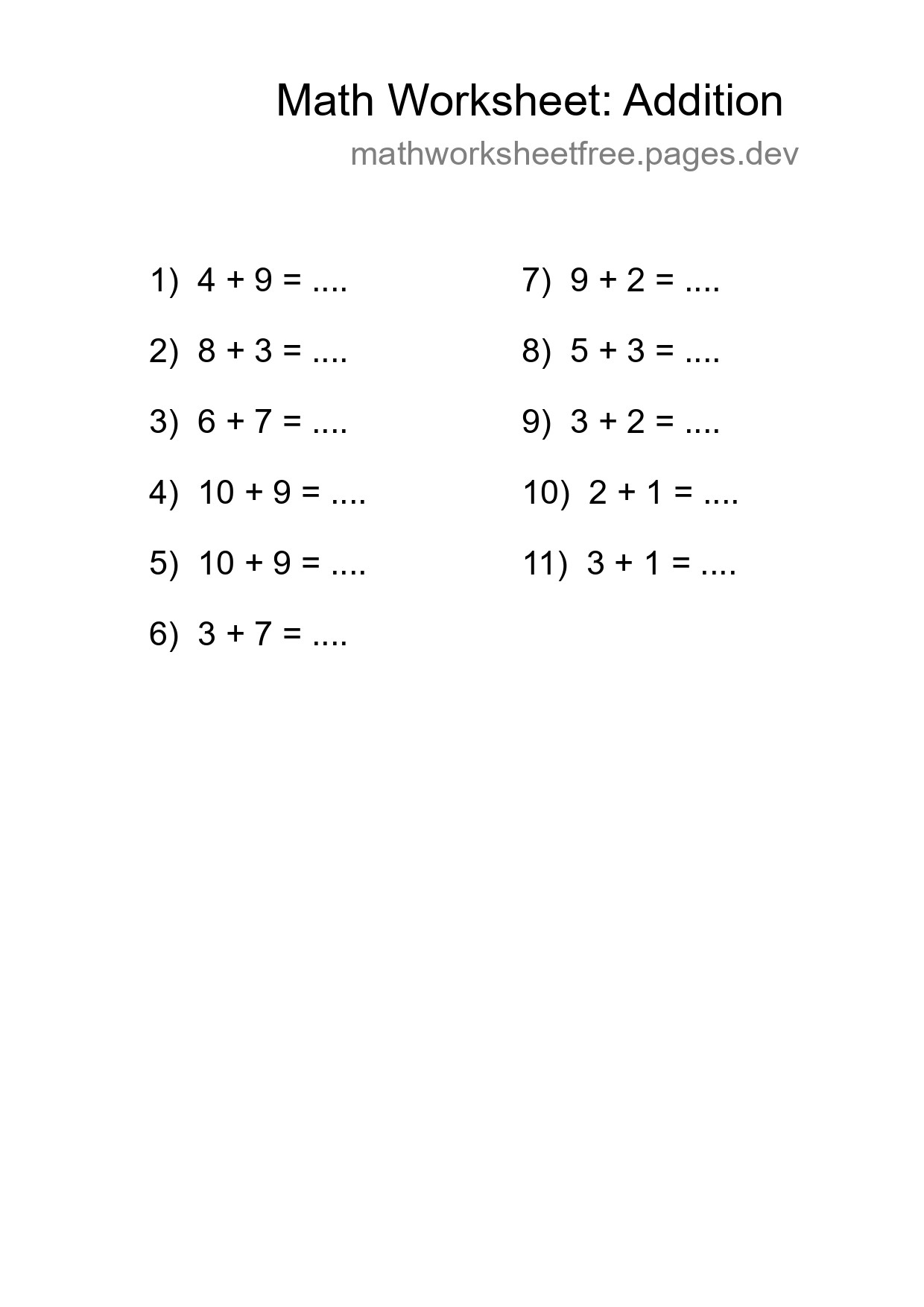 Grade 1 Addition Practice Worksheet (11 Problems) - Part 181