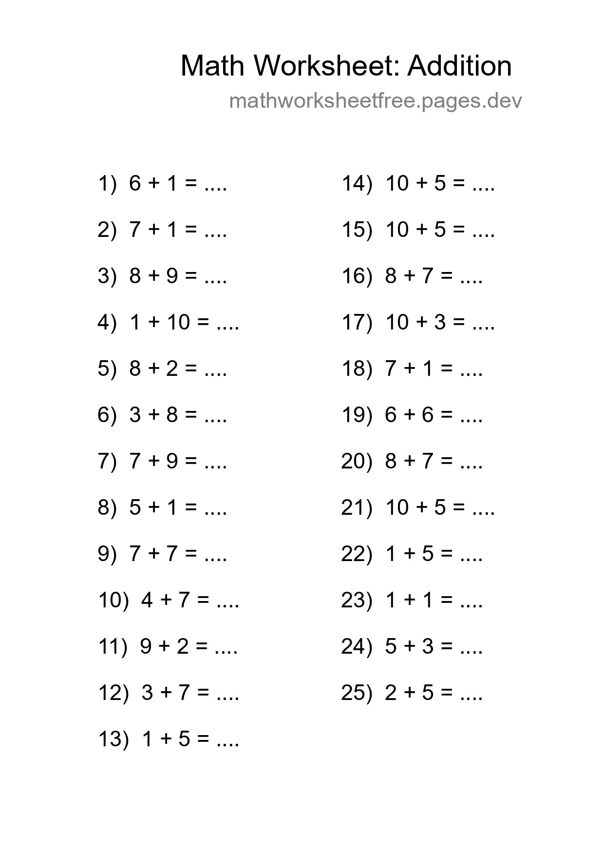 Grade 1 Addition Practice Worksheet (25 Problems) - Part 131