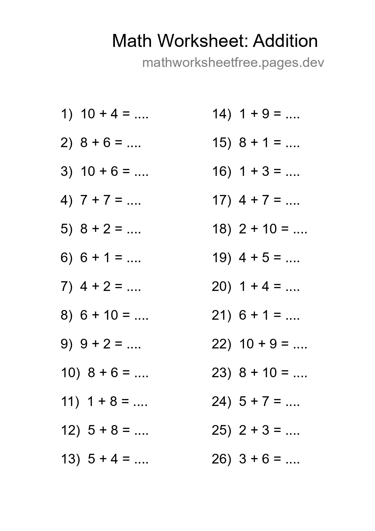 Grade 1 Addition Practice Worksheet (26 Problems) - Part 61