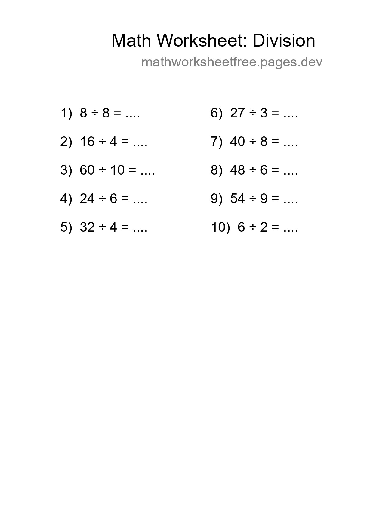 Grade 1 Division Practice Worksheet (10 Problems) - Part 54