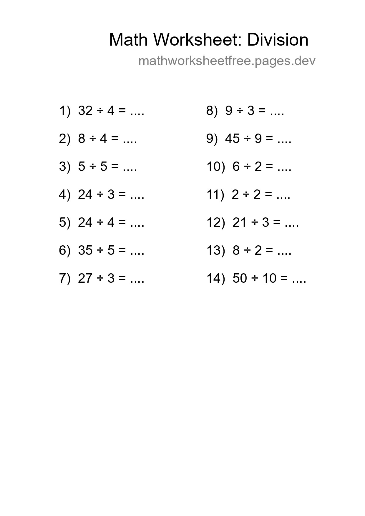 Grade 1 Division Practice Worksheet (14 Problems) - Part 254