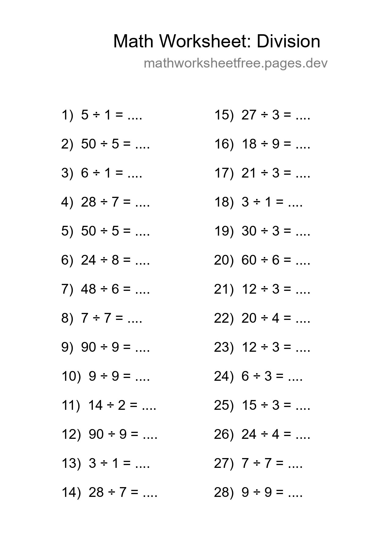 Grade 1 Division Practice Worksheet (28 Problems) - Part 294