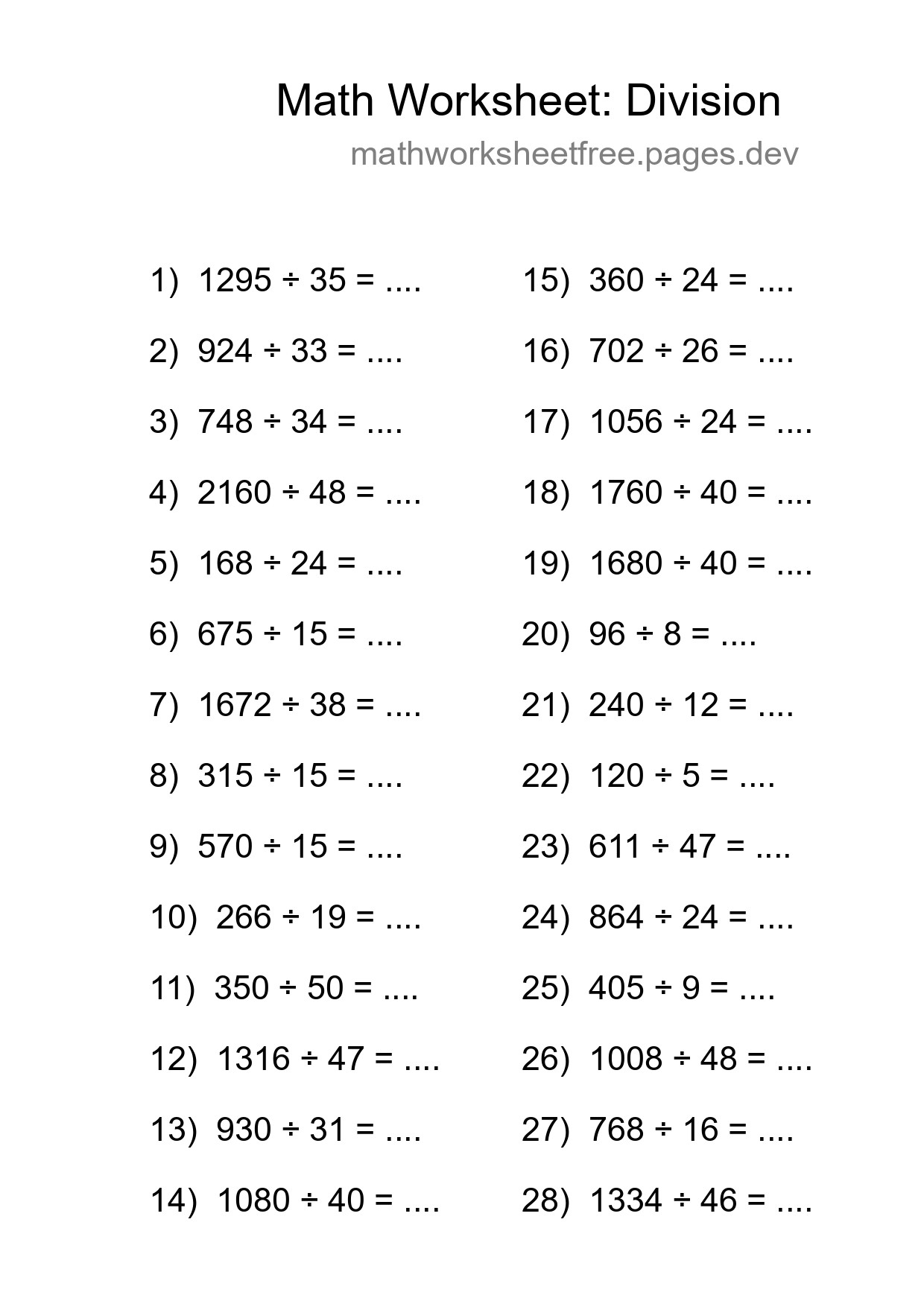 Grade 2 Division Practice Worksheet (28 Problems) - Part 134