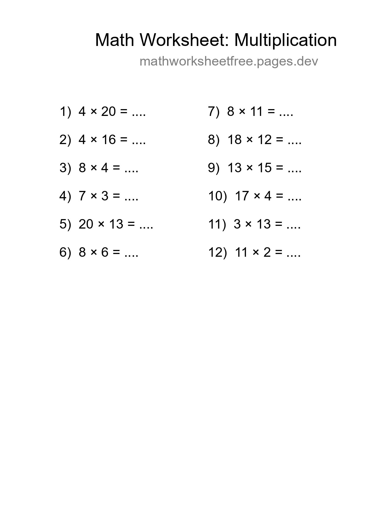 Grade 2 Multiplication Practice Worksheet (12 Problems) - Part 227