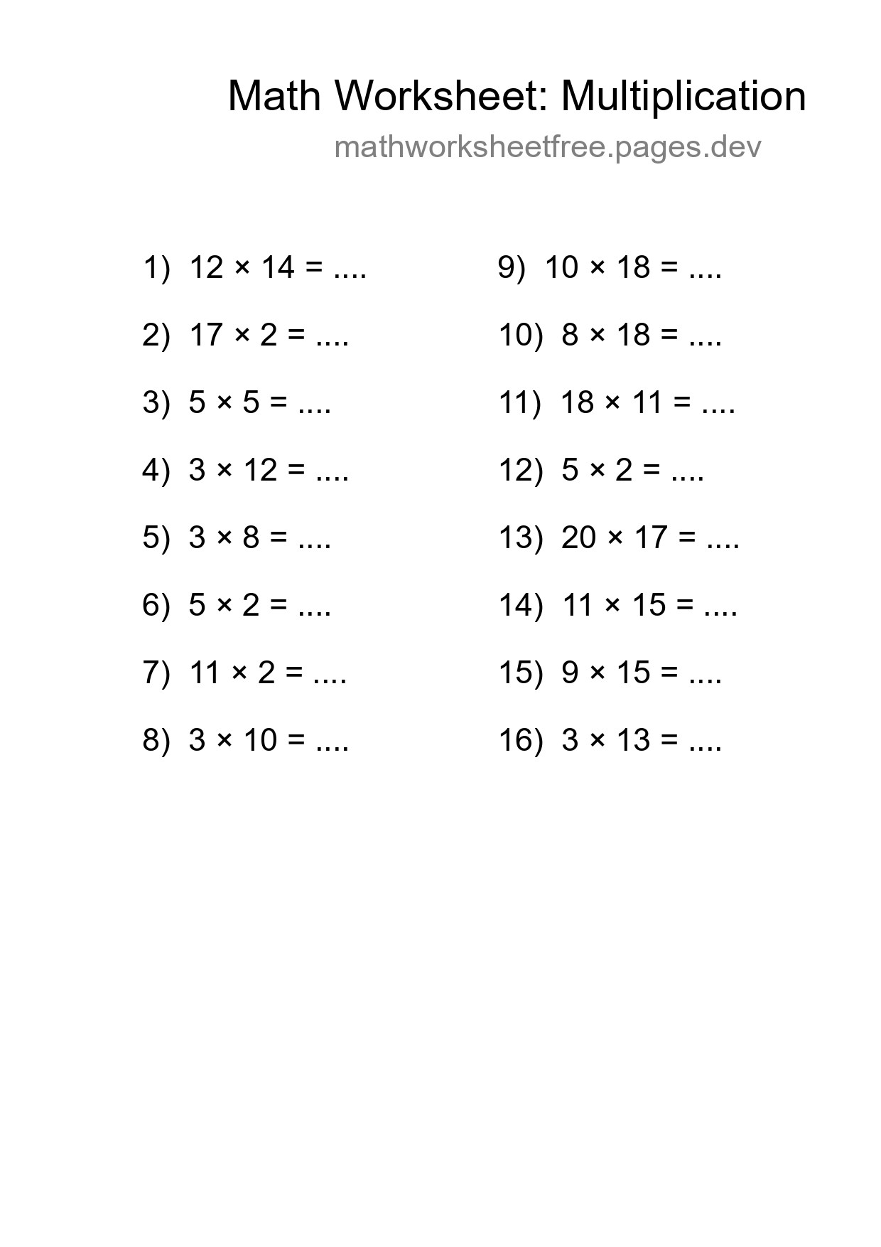 Grade 2 Multiplication Practice Worksheet (16 Problems) - Part 207