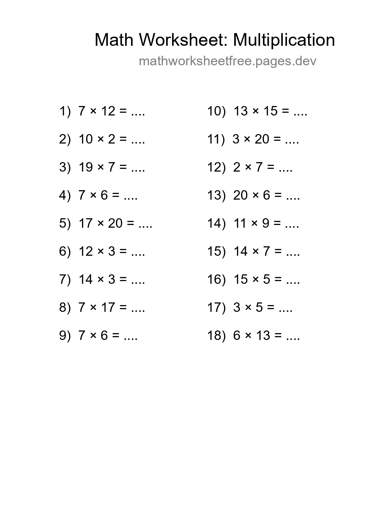 Grade 2 Multiplication Practice Worksheet (18 Problems) - Part 277