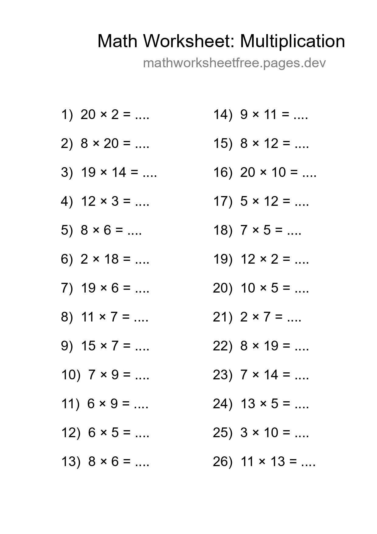 Grade 2 Multiplication Practice Worksheet (26 Problems) - Part 267