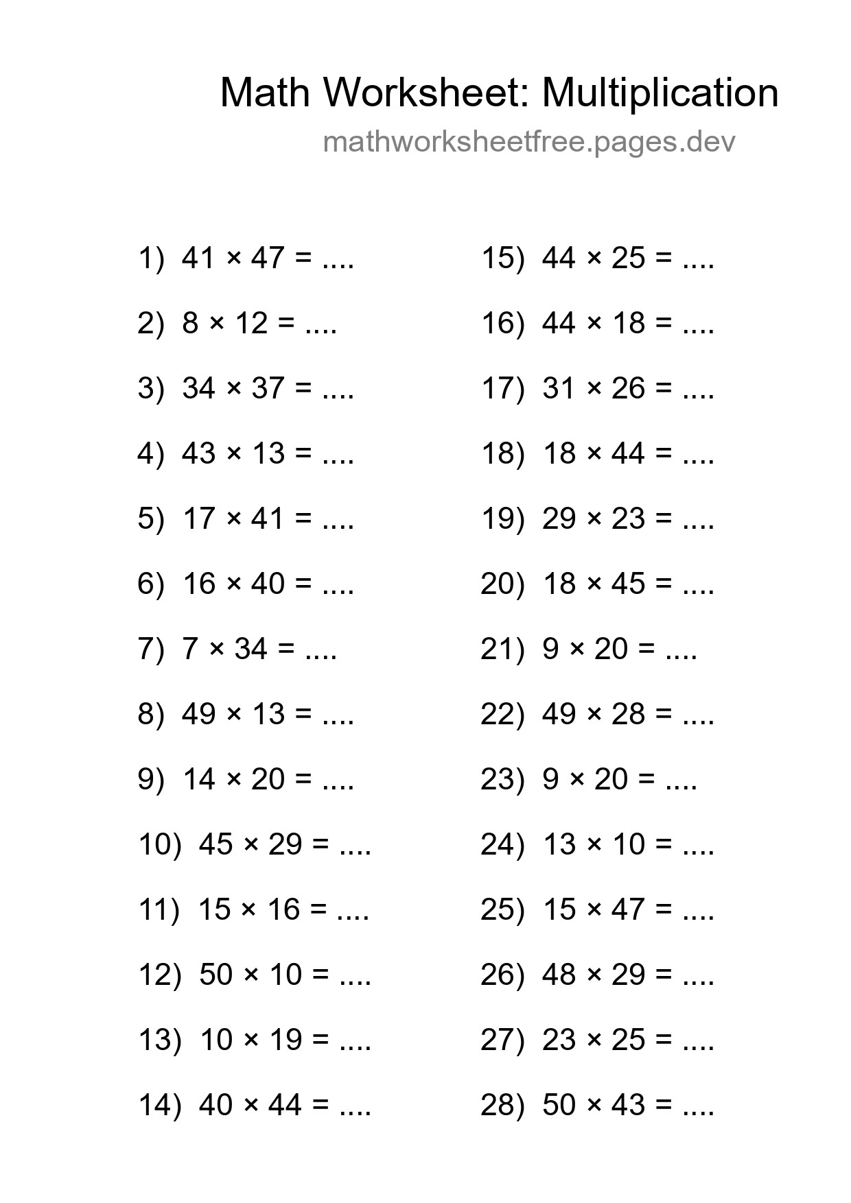 Grade 2 Multiplication Practice Worksheet (28 Problems) - Part 57