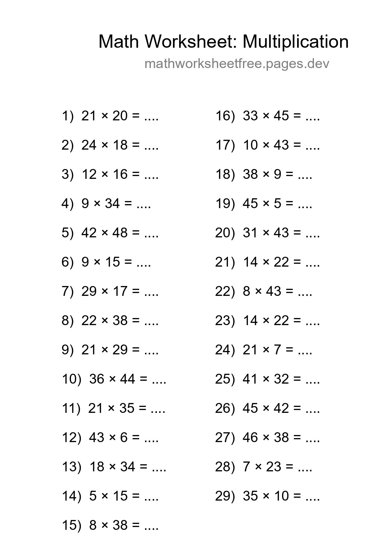 Grade 2 Multiplication Practice Worksheet (29 Problems) - Part 77