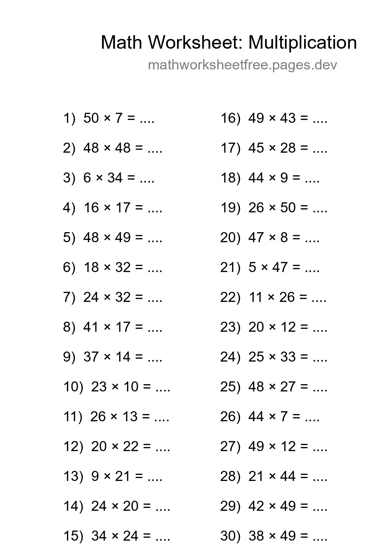 Grade 2 Multiplication Practice Worksheet (30 Problems) - Part 177