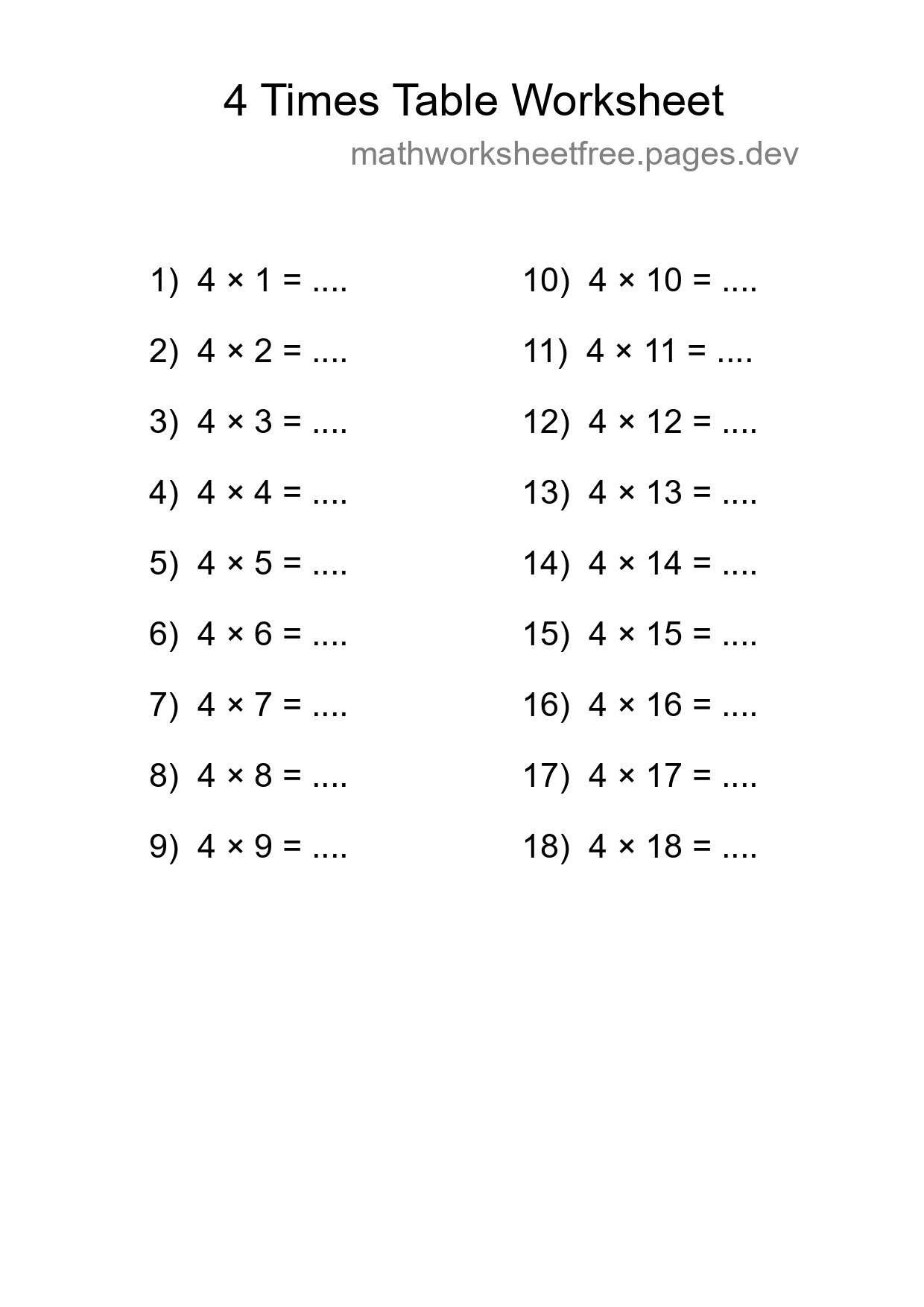 Grade 2 Multiplication Table 4 Practice - Part 99