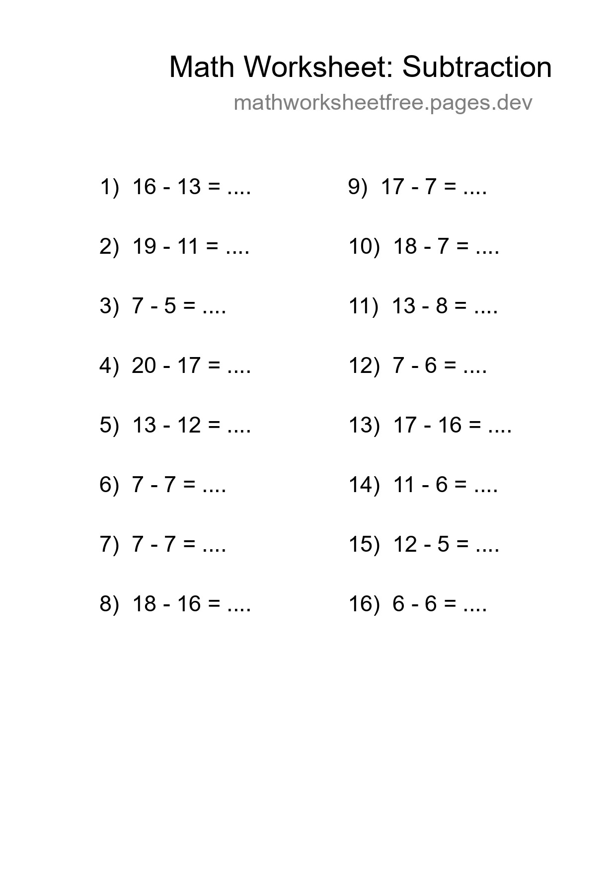 Grade 2 Subtraction Practice Worksheet (16 Problems) - Part 188