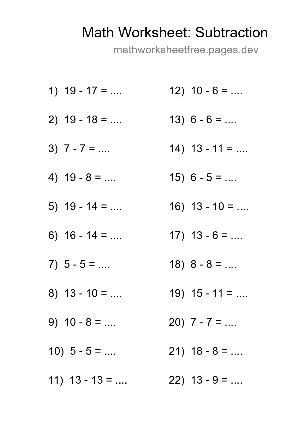 Grade 2 Subtraction Practice Worksheet (22 Problems) - Part 68