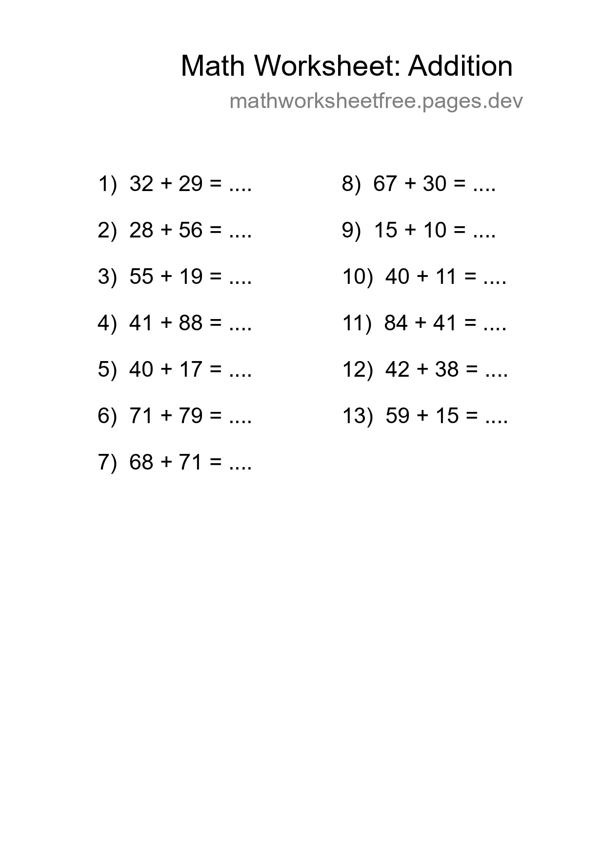 Grade 3 Addition Practice Worksheet (13 Problems) - Part 281