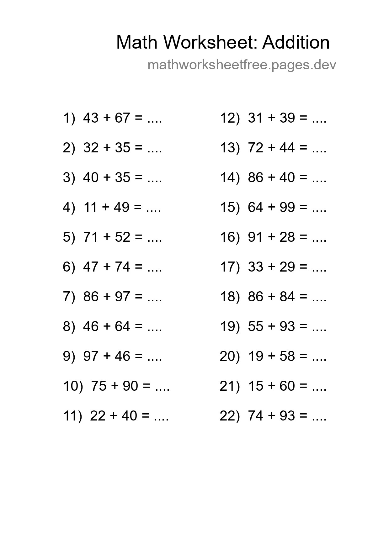 Grade 3 Addition Practice Worksheet (22 Problems) - Part 21