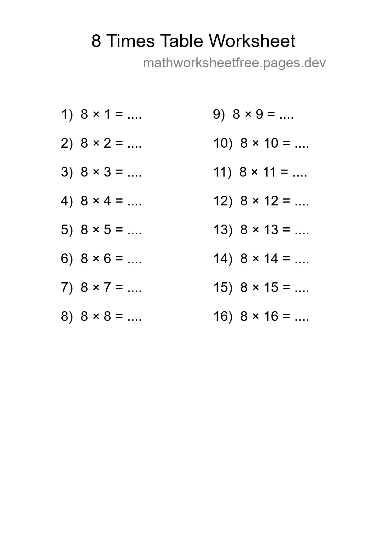 Grade 3 Multiplication Table 8 Practice - Part 199