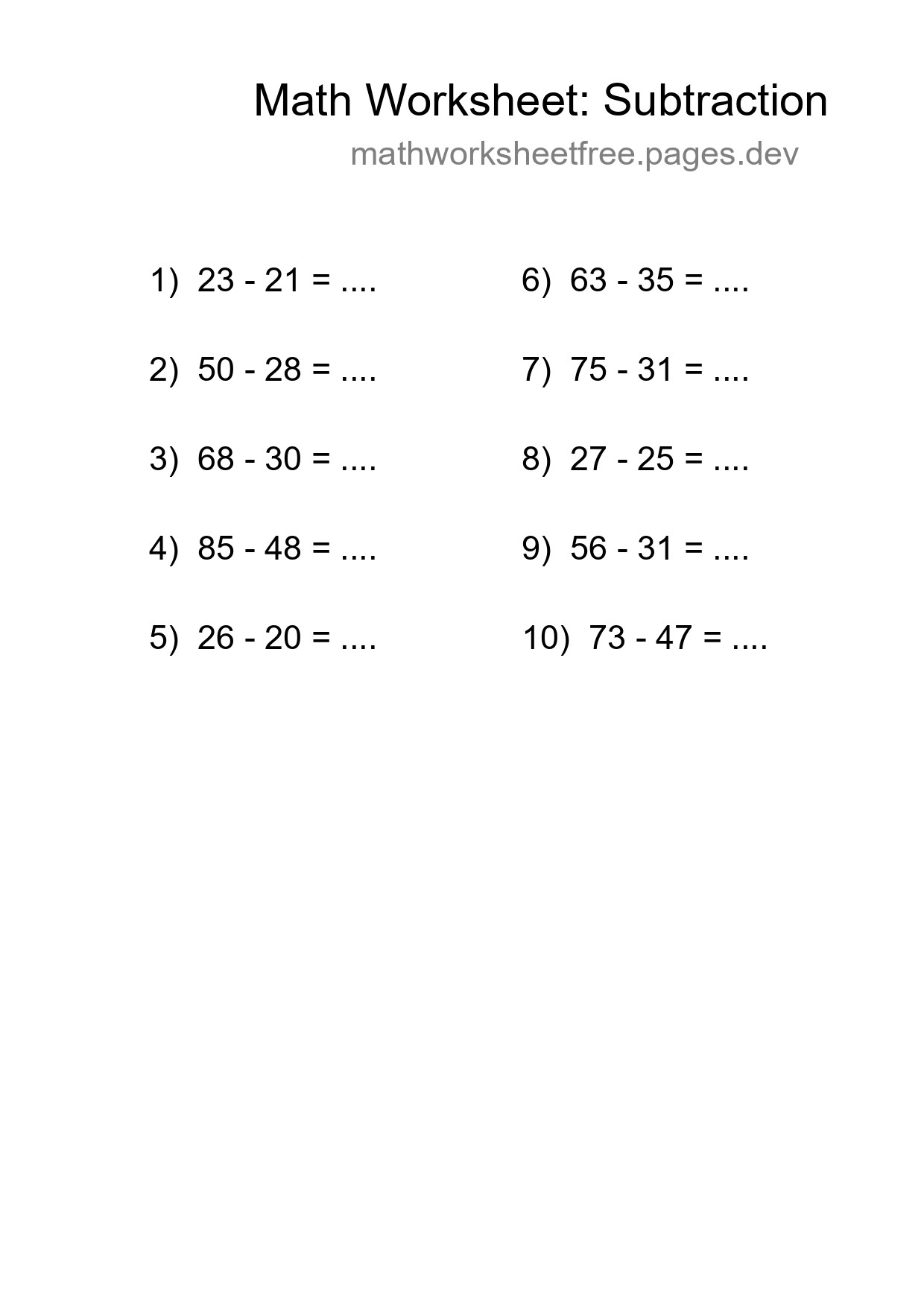 Grade 3 Subtraction Practice Worksheet (10 Problems) - Part 8