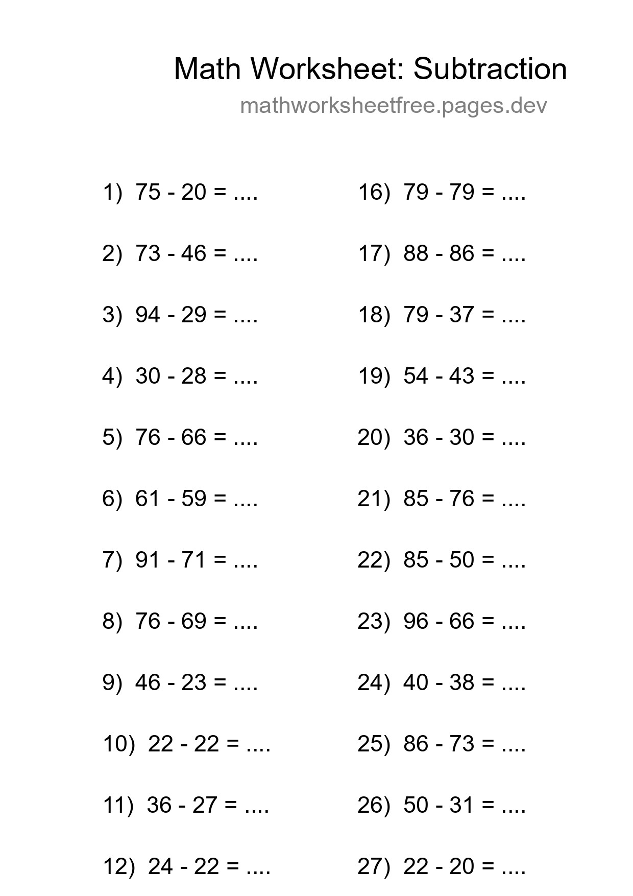 Grade 3 Subtraction Practice Worksheet (30 Problems) - Part 218