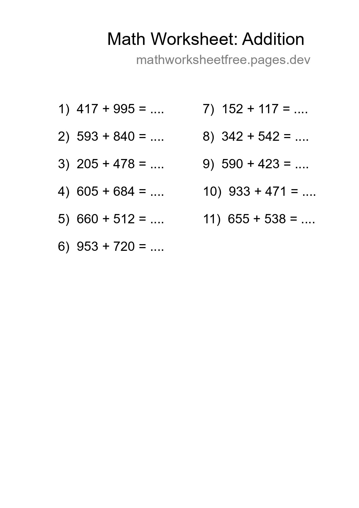 Grade 5 Addition Practice Worksheet (11 Problems) - Part 41