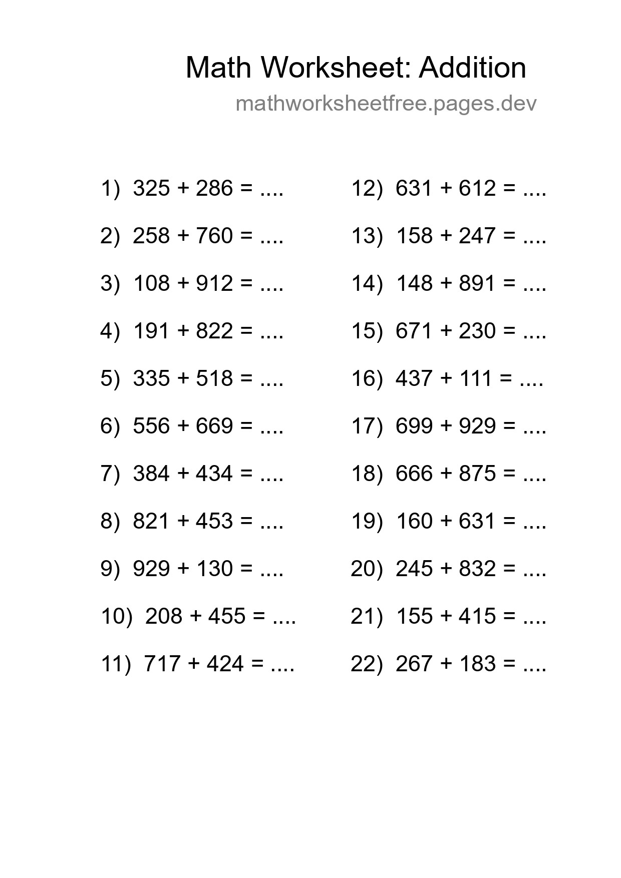 Grade 5 Addition Practice Worksheet (22 Problems) - Part 31