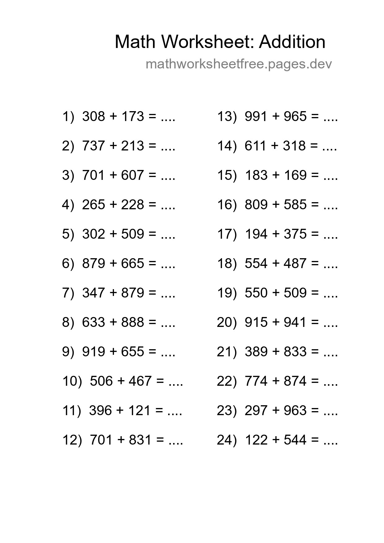 Grade 5 Addition Practice Worksheet (24 Problems) - Part 91