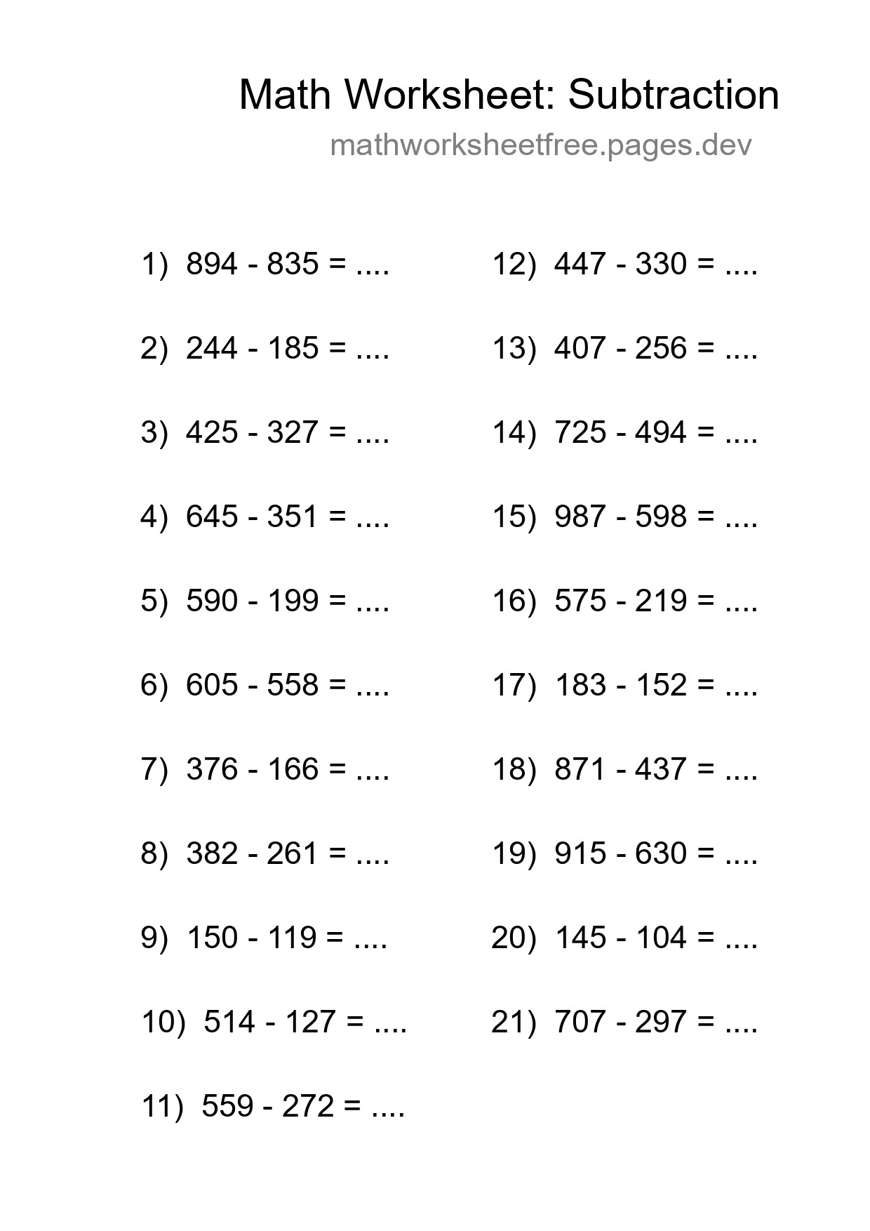 Grade 5 Subtraction Practice Worksheet (21 Problems) - Part 138