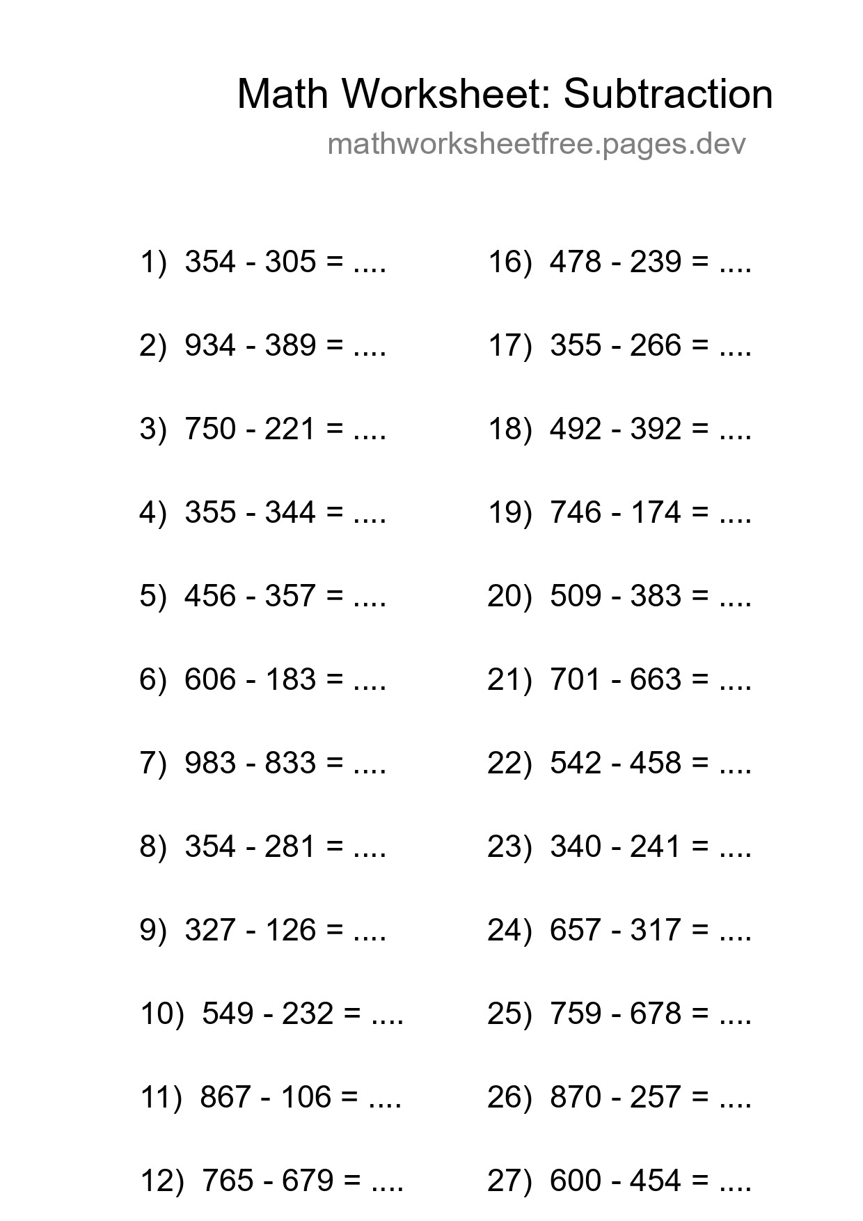 Grade 5 Subtraction Practice Worksheet (29 Problems) - Part 258