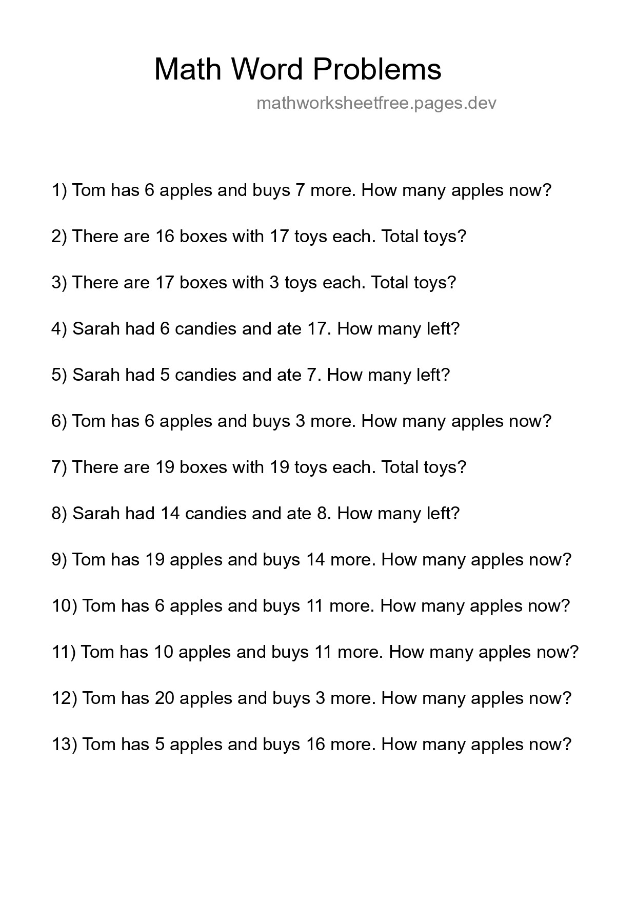 Math Word Problem Worksheet